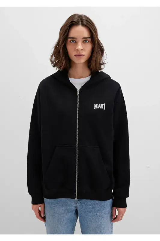 Black Hoodie with Zipper and Logo Print 1s10178-900 - 4