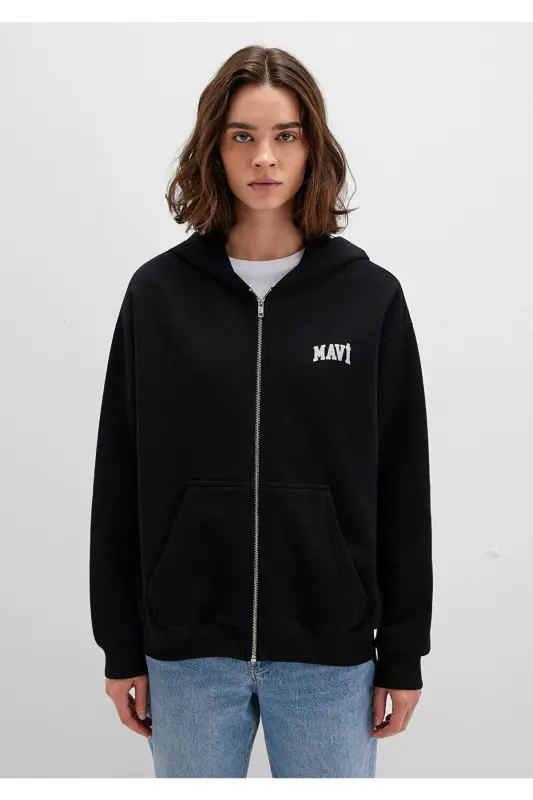 Black Hoodie with Zipper and Logo Print 1s10178-900 - 4