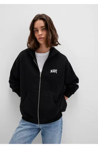 Black Hoodie with Zipper and Logo Print 1s10178-900 - 1