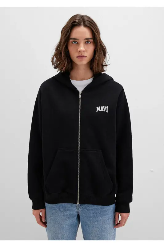 Black Hoodie with Zipper and Logo Print 1s10178-900 - 4