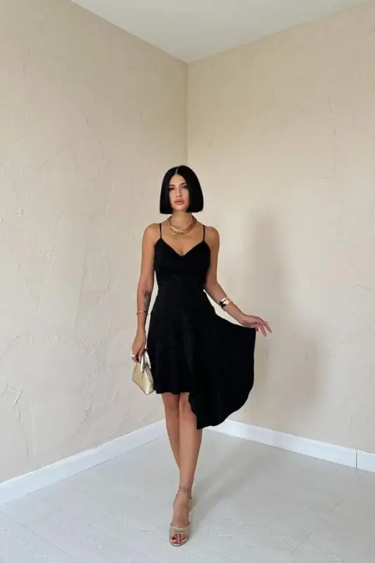 Black Jacquard Asymmetric Dress - BÜYÜKBEDENIZ