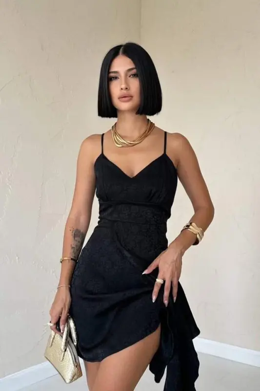 Black Jacquard Asymmetric Dress - 2