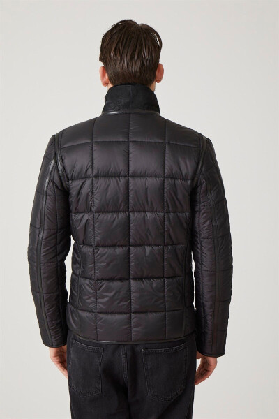 Black James Collar Fur Back Body and Sleeves Quilted Fabric Zipperless Unlined Men's Genuine Leather Jacket - 4