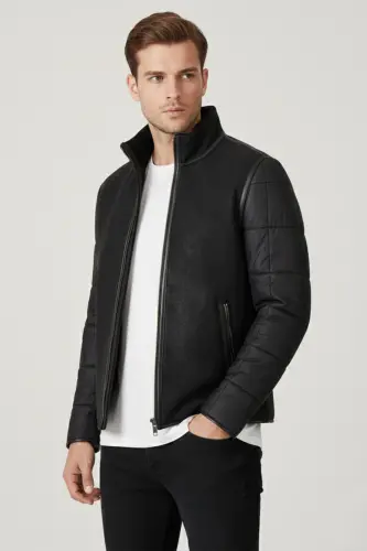 Black James Collar Fur Back Body and Sleeves Quilted Fabric Zipperless Unlined Men's Genuine Leather Jacket - DERIDERIM (1)