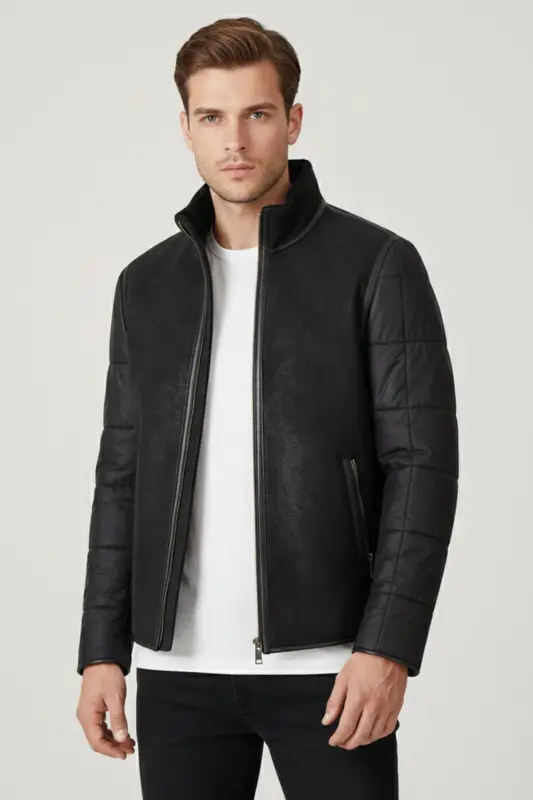 Black James Collar Fur Back Body and Sleeves Quilted Fabric Zipperless Unlined Men's Genuine Leather Jacket - 3