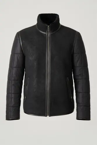 Black James Collar Fur Back Body and Sleeves Quilted Fabric Zipperless Unlined Men's Genuine Leather Jacket - 4
