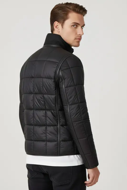 Black James Collar Fur Back Body and Sleeves Quilted Fabric Zipperless Unlined Men's Genuine Leather Jacket - 5