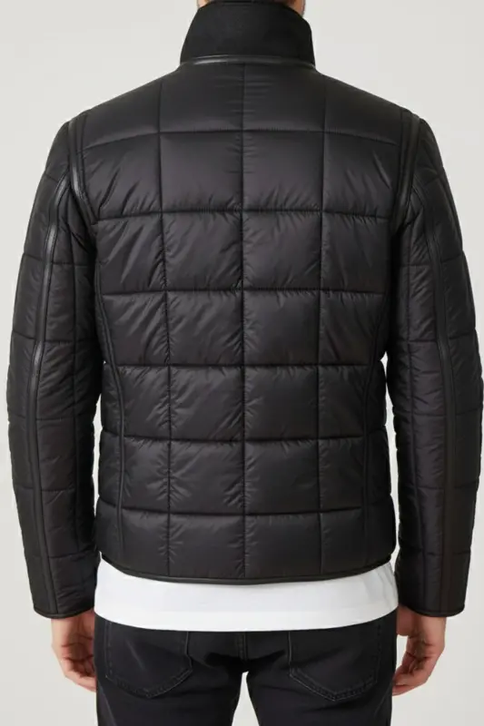 Black James Collar Fur Back Body and Sleeves Quilted Fabric Zipperless Unlined Men's Genuine Leather Jacket - 6