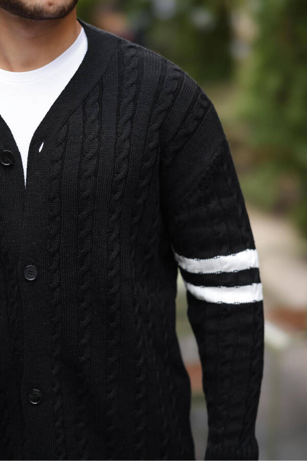 Black knit cardigan with braid sleeve details and ribbon - 2