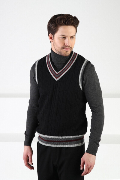 Black Knit Pattern V-Neck Wool Men's Sweater - 4