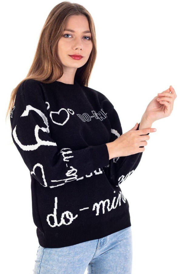 Black Knit Sweater with Text and Heart Design for Girls - 4