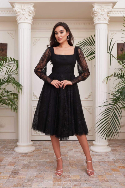 Black Lace Square Neck Engagement Dress - 2