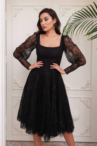 Black Lace Square Neck Engagement Dress - 7