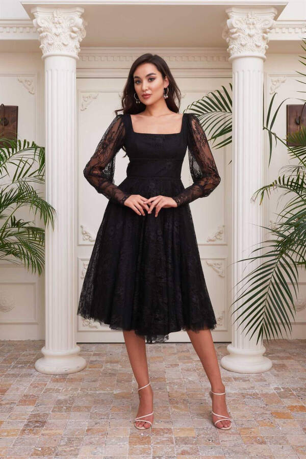 Black Lace Square Neck Engagement Dress - 8