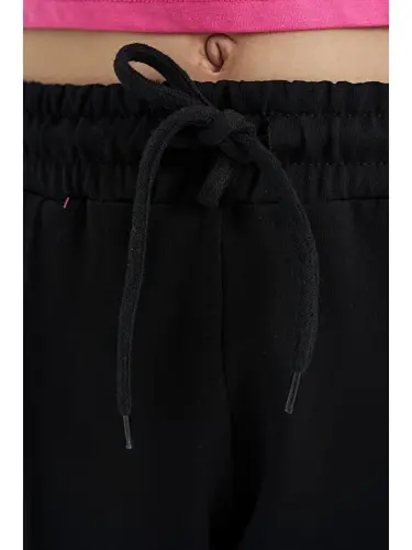 Black Lace-Up Front Knit Wide Leg Girl Tracksuit Bottoms with Black Bias Detail - 75124-Black - 3