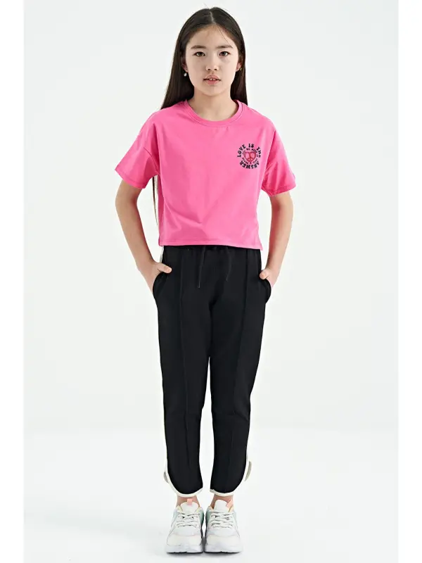 Black Lace-Up Front Knit Wide Leg Girl Tracksuit Bottoms with Black Bias Detail - 75124-Black - 9