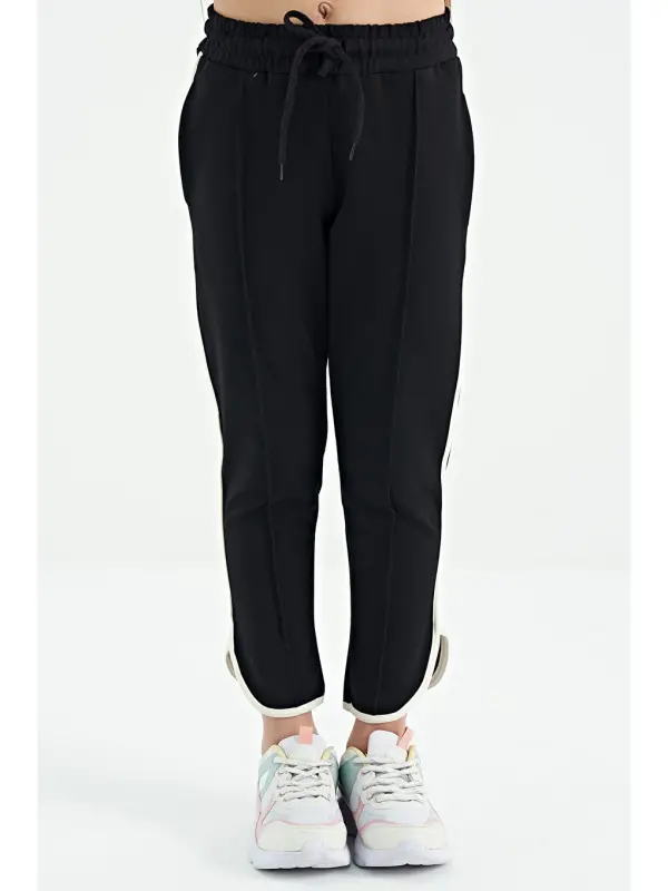 Black Lace-Up Front Knit Wide Leg Girl Tracksuit Bottoms with Black Bias Detail - 75124-Black - 1