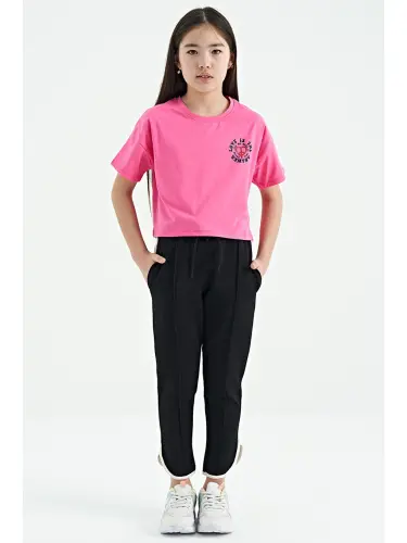 Black Lace-Up Front Knit Wide Leg Girl Tracksuit Bottoms with Black Bias Detail - 75124-Black - 4
