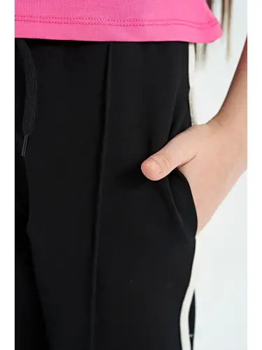 Black Lace-Up Front Knit Wide Leg Girl Tracksuit Bottoms with Black Bias Detail - 75124-Black - 5