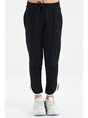 Black Lace-Up Front Knit Wide Leg Girl Tracksuit Bottoms with Black Bias Detail - 75124-Black - 6
