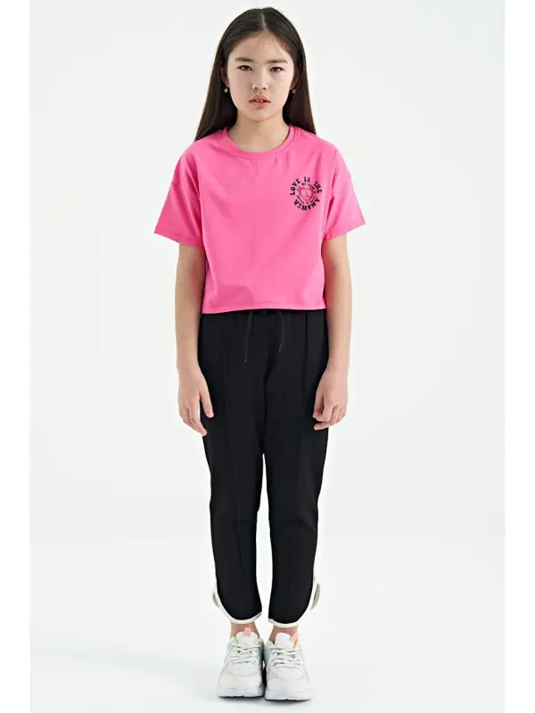 Black Lace-Up Front Knit Wide Leg Girl Tracksuit Bottoms with Black Bias Detail - 75124-Black - 7