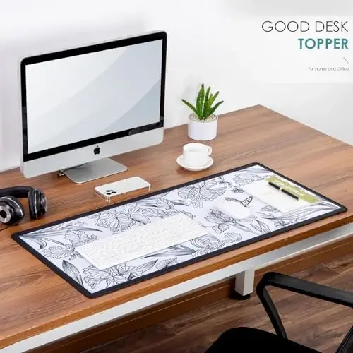 Black Large Extended Mouse Pad, Beautiful Flowers Plants, Waterproof Mouse Mat for Home and Office, Gaming Mousepad Laptop Keyboard Mat with Non-Slip Base, Stitched Edges (35.4