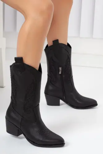 Black leather, black embroidered, zippered, western women's cowboy boots - BAK STORE (1)