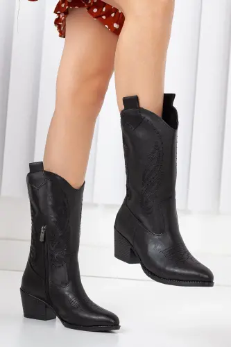 Black leather, black embroidered, zippered, western women's cowboy boots - 4