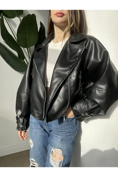 Black Leather Jacket with Balloon Sleeves - 12