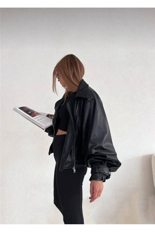 Black Leather Jacket with Balloon Sleeves - 1