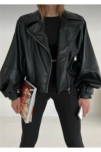 Black Leather Jacket with Balloon Sleeves - 3