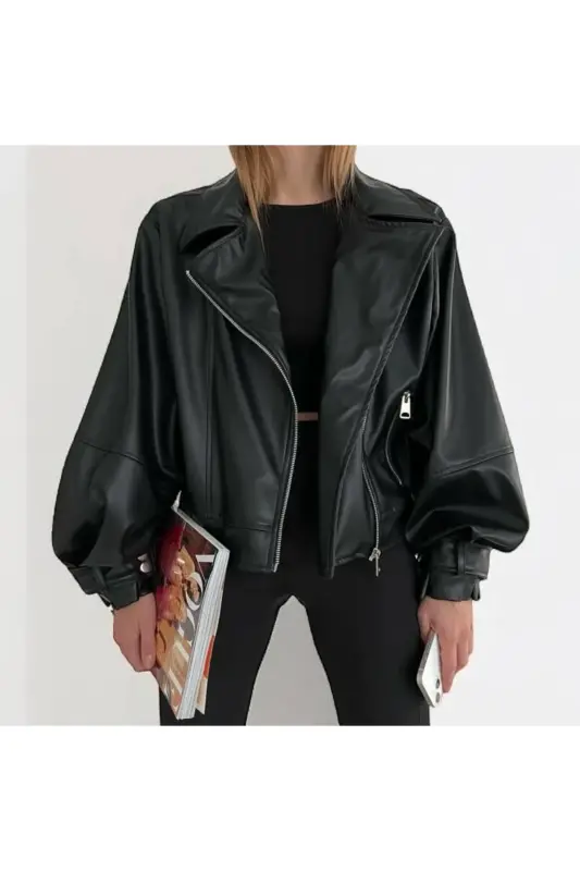 Black Leather Jacket with Balloon Sleeves - MYPAGEBUTIK