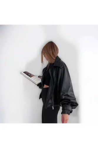 Black Leather Jacket with Balloon Sleeves - MYPAGEBUTIK (1)