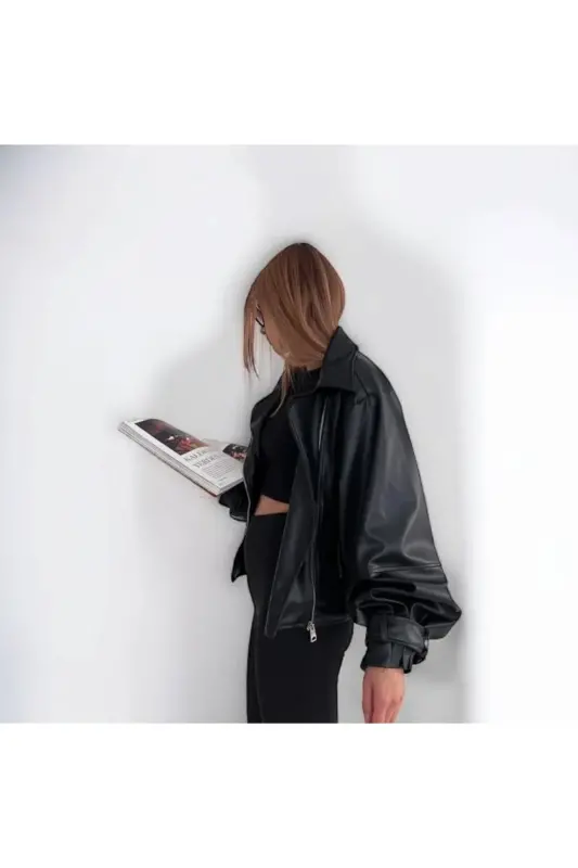 Black Leather Jacket with Balloon Sleeves - 2