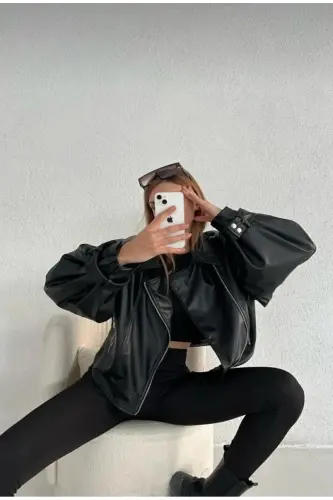 Black Leather Jacket with Balloon Sleeves - 3