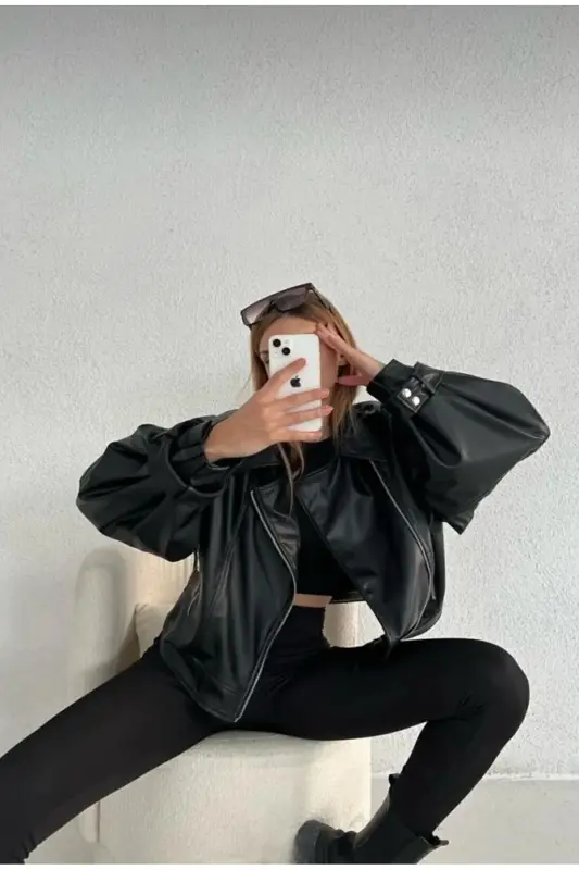 Black Leather Jacket with Balloon Sleeves - 3