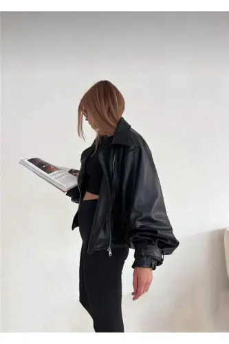 Black Leather Jacket with Balloon Sleeves - 4