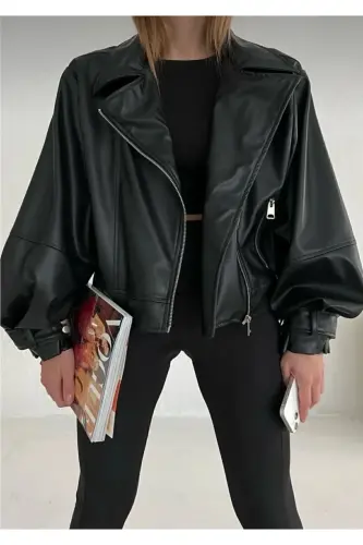 Black Leather Jacket with Balloon Sleeves - 5