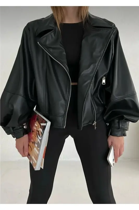 Black Leather Jacket with Balloon Sleeves - 5