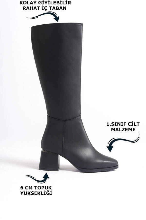 Black, leather look, zippered, shiny detailed, long boots. - 3