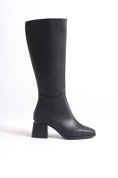 Black, leather look, zippered, shiny detailed, long boots. - 4