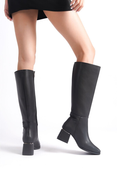 Black, leather look, zippered, shiny detailed, long boots. - 6