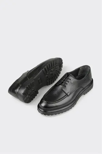 Black Leather Men's Casual Shoes-Black - 3