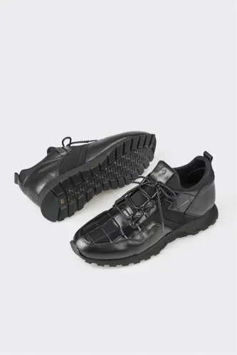 Black Leather Men's Casual Shoes-Black - 3