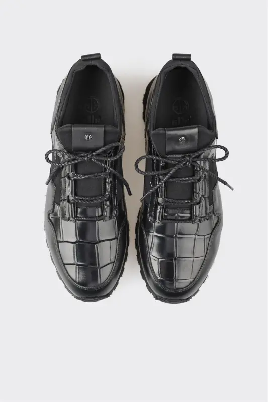 Black Leather Men's Casual Shoes-Black - 4