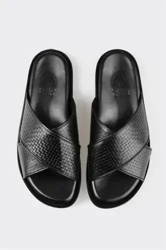 Black Leather Men's Slipper - 4
