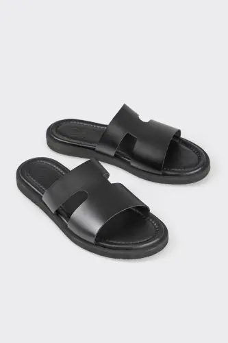 Black Leather Men's Slipper - ELLE SHOES (1)