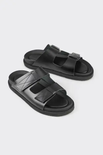 Black Leather Men's Slipper - ELLE SHOES (1)