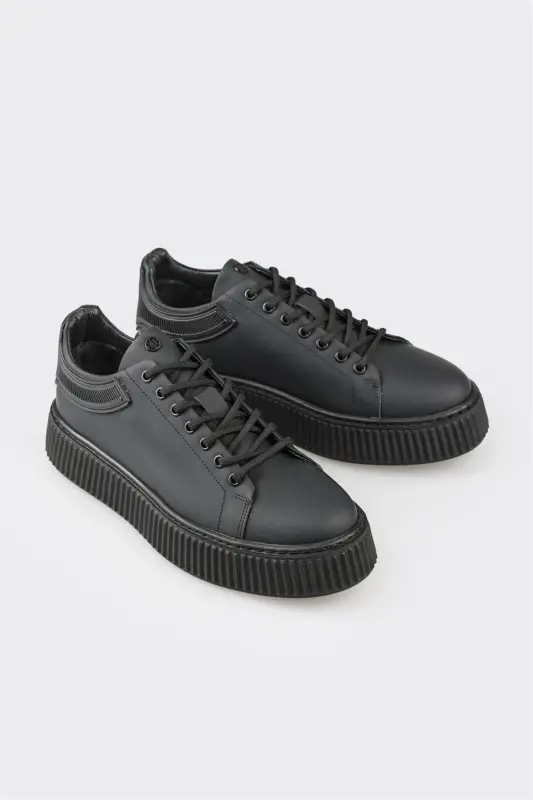Black Leather Men's Sneaker-Black - 2