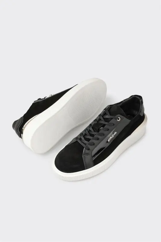 Black Leather Men's Sneaker - Black - 3